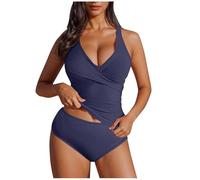 Ladies Swimwear Twisted Front Tummy Control Tops with Chest Cushion Criss Cross Back Two Piece Tankini Swimwear Casual Beach Sports Surfing Swimsuits