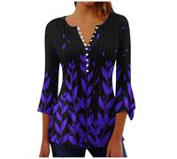 Ladies T-Shirt Long Sleeve Tops Loose Tunnic Tee 3/4 Length Sleeve Womens Tops Casual Button Up V Neck Tunic Shirts Floral Print Ruched Flowy Spring Summer Blouses Womens Work Casual Top (Purple, S)