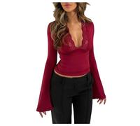 Ladies T Shirts Summer Long Sleeve Lace V Neck Tops Slim Fit Stretchy T Shirts Compression Basic Tees Lightly Fitted Design Red