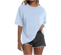 Ladies T Shirts Washed T Shirts Oversized Cotton Tops Off The Shoulder Womens Oversized T Shirt XXL Walking Holiday Travel Vintage Tees Plus Size Light Blue