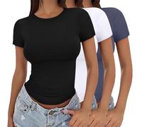 Ladies T Shirts,Womens 3 Pack Short Sleeve Crop Tops Crew Neck Basic T-Shirts Stretch Fitted Plain Summer Casual Tunic Blouse Y2K Going Out Versatile Aesthetic Streetwear Slim Fit Clothes XS-XL NY4
