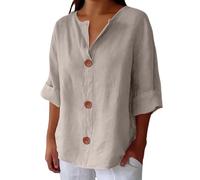 Ladies t-Shirts Womens Tops Cotton Linen Shirts Summer V Neck Button Up Short Sleeve Ladies Blouse T-Shirts Solid Color Work Casual Oversized Loose Blouses Plus Size (Khaki-1, XXL)