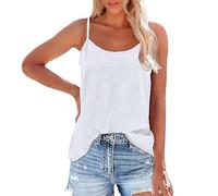 Ladies Tank Top Baggy Scoop Neck Sleeveless Solid Color Lightweight Cami Top Loose Fit Spaghetti Strap Camisole Summer Beach Holiday Blouse Tops White