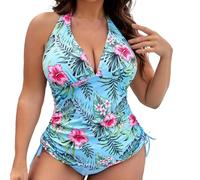 Ladies Tankini with Shorts, Push Up Bathing Suits Removable Soft Cups Women Two Piece Tankini Sets Solid Swimsuit Adjustable Straps with Bikini Skirt Mothers Gifts Travelling Essentials Blue