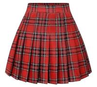 Ladies Tartan Skirt Pleated Front Mini Plaid Kilts - Womens Back Elasticated Waist Box Pleat Check Skater Summer Short Skirts Red L