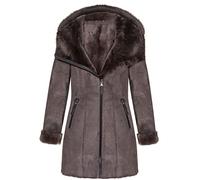Ladies Taupe Hooded Shearling Sheepskin Merino Suede Leather Coat S