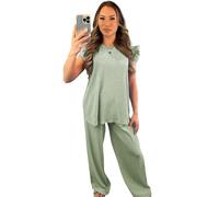 Ladies Textured Waffle Frill Ruffle Arm Two Piece Co Ord Set Womens Cheesecloth Short Sleeve Tops Wide Leg Summer Pants Trousers Crinkle Tracksuits For Women Loungewear Sets (Sage Green, UK 12-14)