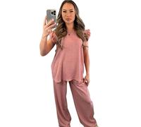 Ladies Textured Waffle Frill Ruffle Arm Two Piece Co Ord Set Womens Cheesecloth Short Sleeve Tops Wide Leg Summer Pants Trousers Crinkle Tracksuits For Women Loungewear Sets (Dusty Pink, UK 16-18)