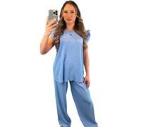 Ladies Textured Waffle Frill Ruffle Arm Two Piece Co Ord Set Womens Cheesecloth Short Sleeve Tops Wide Leg Summer Pants Trousers Crinkle Tracksuits For Women Loungewear Sets (Sky Blue, UK 12-14)