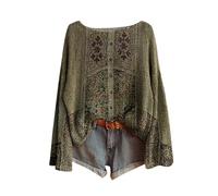 Ladies Thick Warm Winter Jumpers Ladies Vintage Boho Floral Crochet Sweater Oversized Boat Neck Long Sleeve Pullover Tops Lightweight Ribbed Knit Bohemia Blouse Green Style#1 Knitted Tops for Women S