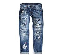 Ladies Three Quarter Length Trousers Women Casual Denim Trousers Straight Leg Pants Mid Waist Blue Jeans Jeggings Size 14