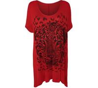 Ladies Tiger Sparkle Print Stretch Long Womens Uneven Hanky Hem Top Plus Red 24/26