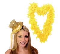 LADIES TOP HAT + FEATHER BOA FANCY DRESS ACCESSORY SET COLOURED GLITTER FASCINATOR HAT AND MATCHING COLOURED FEATHER BOA BURLESQUE HEN NIGHT (GOLD)