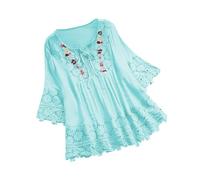Ladies Tops 16-30 Cotton Linen Embroidered Tops 3/4 Sleeve Summer Blouses Dressy Shirts Lace Tees Baggy Long Tunic T Shirts Boho Peasant Blouse Trendy Clothes UK Sale Clearance