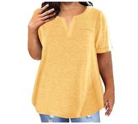Ladies Tops 2025 Women's Summer Cotton Linen Cap Sleeve T-Shirt Button V Neck Tunic Tops Fashion Baggy Solid Plain Casual Shirts Trendy Blouse Vacation Outfits (Yellow,M)