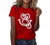 Ladies Tops 2026 Red Nose Smiley Face Funny Printed Shirts Round Neck Short Sleeved T Shirt Top Red Nose Charity Event Celebration Tshirt Daily Unisex Tee Top Women's Fashion Clothing