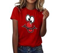 Ladies Tops 2026 Red Nose Smiley Face Funny Printed Shirts Round Neck Short Sleeved T Shirt Top Red Nose Charity Event Celebration Tshirt Daily Unisex Tee Top Women's Fashion Clothing