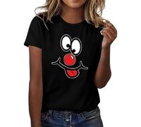 Ladies Tops 2026 Red Nose Smiley Face Funny Printed Shirts Round Neck Short Sleeved T Shirt Top Red Nose Charity Event Celebration Tshirt Daily Unisex Tee Top Women's Fashion Clothing