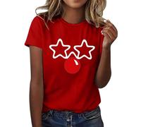 Ladies Tops 2026 Red Nose Smiley Face Funny Printed Shirts Round Neck Short Sleeved T Shirt Top Red Nose Charity Event Celebration Tshirt Daily Unisex Tee Top Women's Fashion Clothing