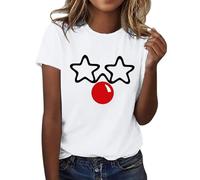 Ladies Tops 2026 Red Nose Smiley Face Funny Printed Shirts Round Neck Short Sleeved T Shirt Top Red Nose Charity Event Celebration Tshirt Daily Unisex Tee Top Women's Fashion Clothing