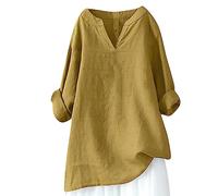 Ladies Tops 3/4 Sleeve Blouses Oversized V Neck Linen Long Sleeve Longline Pullover T Shirt Drop Shoulder Solid Plus Shirt Elegant T Shirts Business Casual Loose Plus Size Ladies Tops Clearance