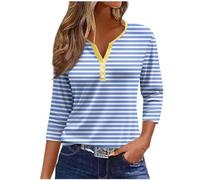 Ladies Tops 3/4 Sleeve V Neck Henley Shirts Striped Print T Shirt Loose Spring Tunic Shirts Womens Summer Blouse Plus Size Elegant Undershirts Sports Gym Pullover Home Causal Wear