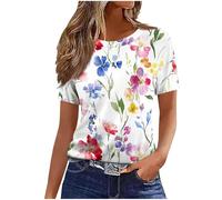 Ladies Tops and Blouses UK Summer T Shirts Feather Printed Short Sleeve Dressy Casual Tshirt Elegant Going Out Vacation Outifts Colorful Tunic Tees Shirt for Women Size 8-18