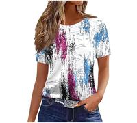 Ladies Tops and Blouses UK Summer T Shirts Feather Printed Short Sleeve Dressy Casual Tshirt Elegant Going Out Vacation Outifts Colorful Tunic Tees Shirt for Women Size 8-18