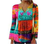 Ladies Tops Boho Floral Printed Tshirts Casual Button Down Shirts V Neck Elegant Long Sleeve Blouse Loose Fit Pullover Pleated Tunic Tops Plus Size Tees Fall Fashion Clothes