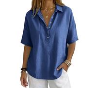 Ladies Tops Button Down V Neck Cotton Linen Shirts for Women UK Solid Color Short Sleeve Ladies Summer Tops Lightweight Holiday Casual Beach Shirt Loose Fit Oversized Tees Elegant Tunic Blouse Blue