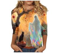 Ladies Tops Clearance 3/4 Sleeve Shirts for Women UK Fall Crewneck Halloween Shirt Funny Family Party Outfits Casual Pullover Blouse Trendy Cute Tees Y2K Going Out Tops