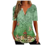Ladies Tops Clearance Tops for Women UK Trendy Boho Floral Print Tunic Shirts Short Sleeve Button V Neck Tshirt Casual Loose Blouse Ladies Henley T Shirts Sale Promotion