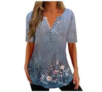 Ladies Tops Clearance Tops for Women UK Trendy Boho Floral Print Tunic Shirts Short Sleeve Button V Neck Tshirt Casual Loose Blouse Ladies Henley T Shirts Sale Promotion