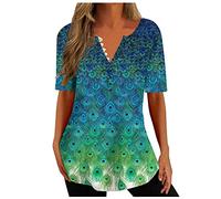Ladies Tops Clearance Tops for Women UK Trendy Boho Floral Print Tunic Shirts Short Sleeve Button V Neck Tshirt Casual Loose Blouse Ladies Henley T Shirts Sale Promotion