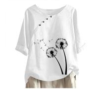 Ladies Tops Clearance Womens Cotton Linen Shirts Casual Short Sleeve Summer T Shirts Dandelion Print Tees Crewneck Button Down Blouse Plus Size Elegant Workout Dressy Tunic Tops