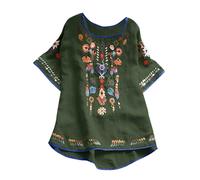 Ladies Tops Clearance Womens Embroidered Blouse Casual Cotton Linen Crew Neck Short Sleeve Peasant Boho Mexican Tunic Tops Ladies Trendy Lightweight Basic Summer Going Out T Shirt Plus Size S-4XL