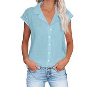 Ladies Tops Cotton Linen Button up Plain T Shirt Cap Sleeve Lapel Blouse Loose Breathable Undershirt Womens Summer Tunic Shirt Plus Size Elegant Tee Beach Holiday Office Casual Wear