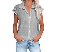 Ladies Tops Cotton Linen Button up Plain T Shirt Cap Sleeve Lapel Blouse Loose Breathable Undershirt Womens Summer Tunic Shirt Plus Size Elegant Tee Beach Holiday Office Casual Wear