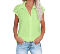 Ladies Tops Cotton Linen Button up Plain T Shirt Cap Sleeve Lapel Blouse Loose Breathable Undershirt Womens Summer Tunic Shirt Plus Size Elegant Tee Beach Holiday Office Casual Wear