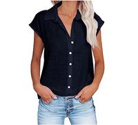 Ladies Tops Cotton Linen Button up Plain T Shirt Cap Sleeve Lapel Blouse Loose Breathable Undershirt Womens Summer Tunic Shirt Plus Size Elegant Tee Beach Holiday Office Casual Wear