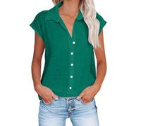 Ladies Tops Cotton Linen Button up Plain T Shirt Cap Sleeve Lapel Blouse Loose Breathable Undershirt Womens Summer Tunic Shirt Plus Size Elegant Tee Beach Holiday Office Casual Wear