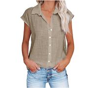 Ladies Tops Cotton Linen Button up Plain T Shirt Cap Sleeve Lapel Blouse Loose Breathable Undershirt Womens Summer Tunic Shirt Plus Size Elegant Tee Beach Holiday Office Casual Wear