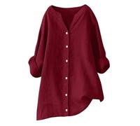 Ladies Tops Deal of The Day Summer Cotton Linen Plus Size Long Sleeve Henley V Neck Top Pullover T Shirts for Women UK Casual Loose Fit Tunic Top Women's Blouses & Shirts Items, S-5XL