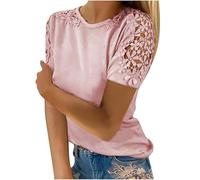 Ladies Tops Elegant Short Sleeve Solid Crewneck Lace Top Pullover Party Business Office Shirts Womens Casual Fashion Blouse for Spring/Summer Women top Short Sleeves (Pink, M)