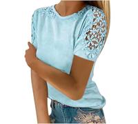 Ladies Tops Elegant Short Sleeve Solid Crewneck Lace Top Pullover Party Business Office Shirts Womens Casual Fashion Blouse for Spring/Summer Chiffon Tops for Women UK (BU1, L)