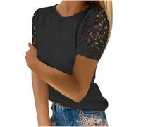 Ladies Tops Elegant Short Sleeve Solid Crewneck Lace Top Pullover Party Business Office Shirts Womens Casual Fashion Blouse for Spring/Summer Womens Hawaiian Shirts (Black, M)