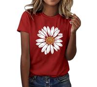 Ladies Tops for Womens T Shirts Summer Sunflower Graphic Print Clothes Round Neck Loose Fit Tshirts Short Sleeve Casual Tees Vacation Outdoor Lightweight Comfortable Tops (Red-1, L)