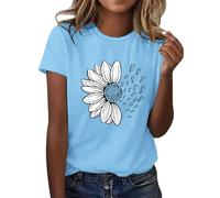 Ladies Tops for Womens T Shirts Summer Sunflower Graphic Print Clothes Round Neck Loose Fit Tshirts Short Sleeve Casual Tees Vacation Outdoor Lightweight Comfortable Tops (Sky Blue-2, XL)