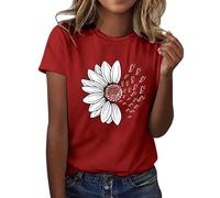 Ladies Tops for Womens T Shirts Summer Sunflower Graphic Print Clothes Round Neck Loose Fit Tshirts Short Sleeve Casual Tees Vacation Outdoor Lightweight Comfortable Tops (Red-2, M)
