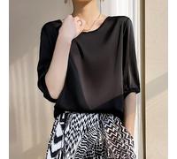 Ladies Tops,Ladies Elegant Silk Tops Crew-Neck Summer Shirts Mid Sleeve Elegant Blouse Satin Tunic Tops Sexy Basic Cami Tops Thin Tank Tops Tee Shirts For Girls Women,Black,L